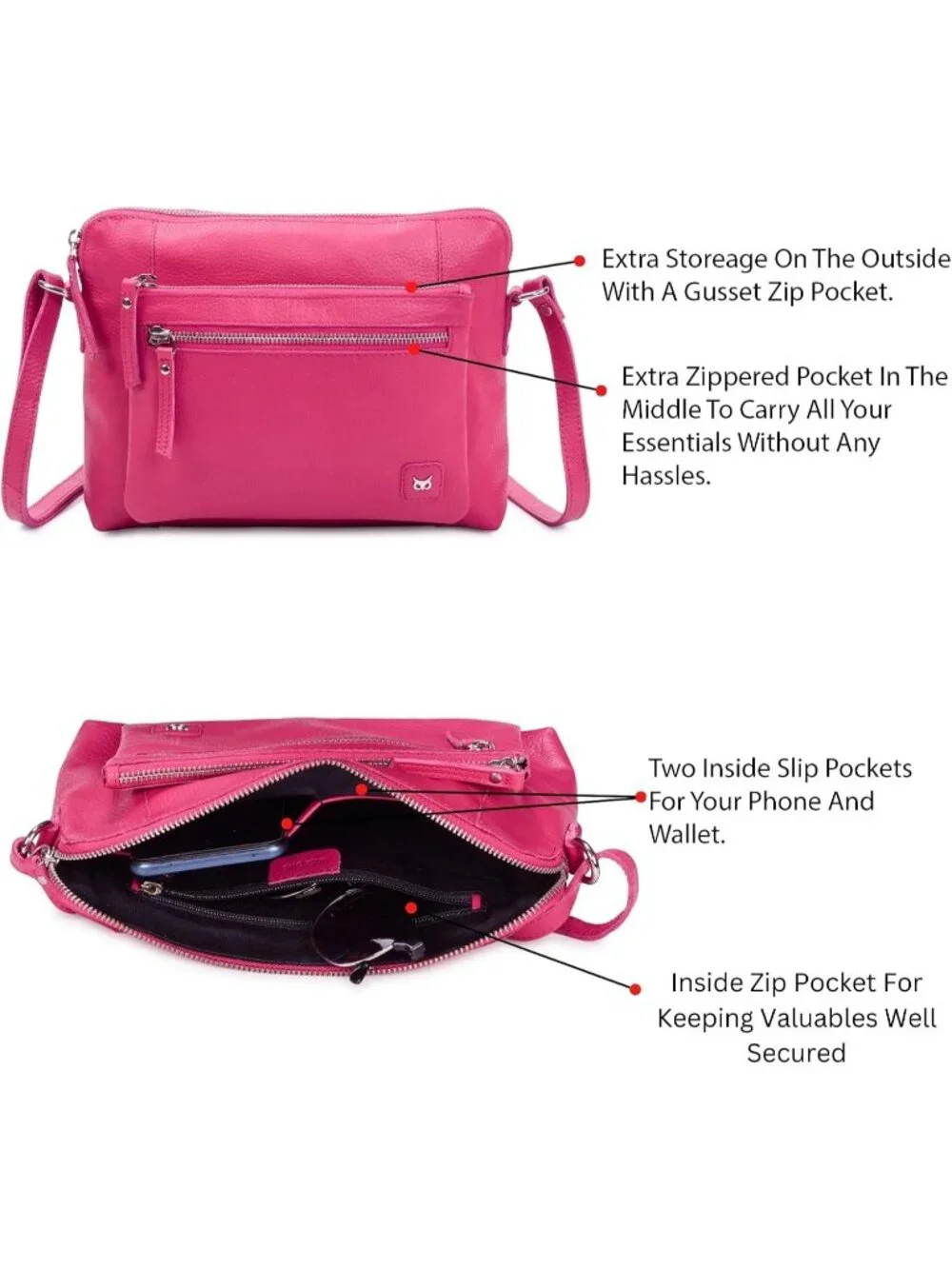 Women's Hot Pink Genuine Leather Sling Purse with Adjustable Strap Crossbody bag